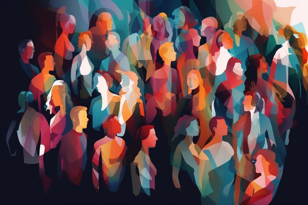 Abstract group of crowded colorful people illustration. Generati