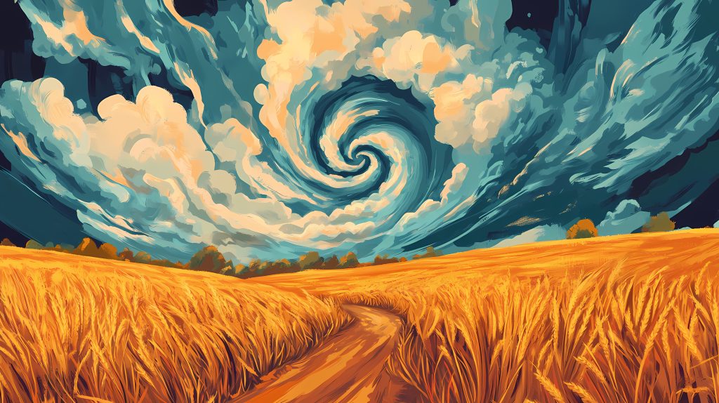 Majestic tornado over vast golden fields under stormy skies. Whirlpool. Illustration